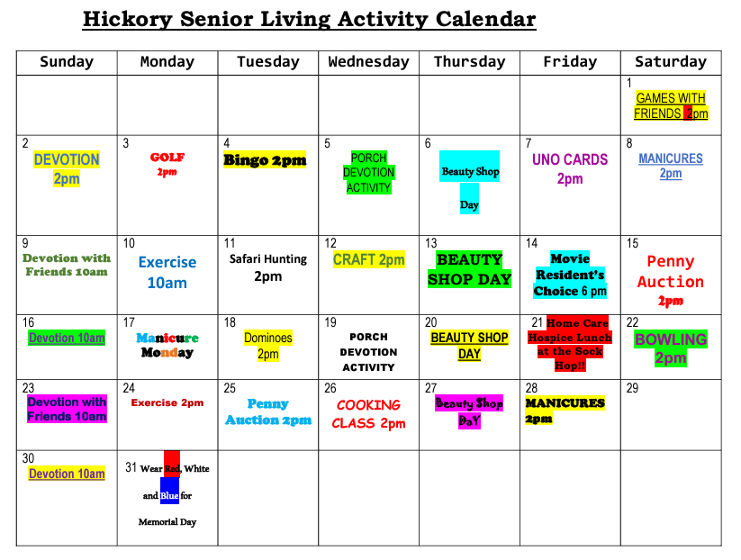 activities calendar sample